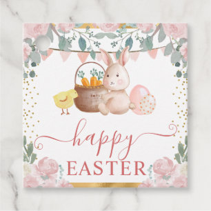 Étiquettes Cadeau Lapin à l'aquarelle et fleurs roses