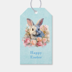 Étiquettes-cadeau Lapin avec une guirlande de roses Pâques mignon