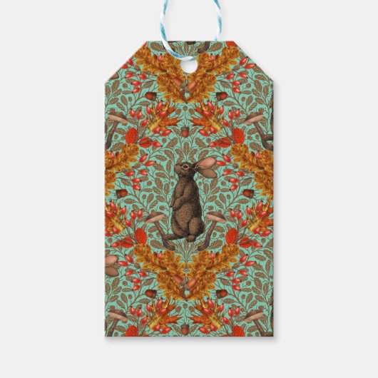 Étiquettes-cadeau Lapin d'automne sur vert clair (Devant)