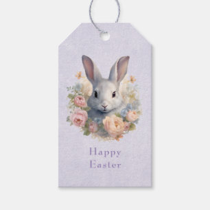 Étiquettes-cadeau Lapin Entouré de Fleurs Pastel Douce Pâques