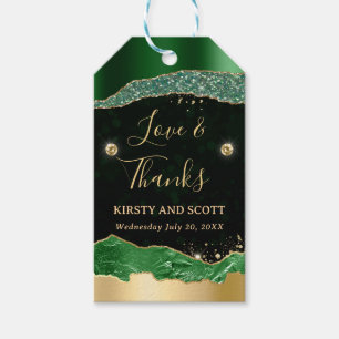Étiquettes-cadeau Larmes de mariage scintillantes vertes et or