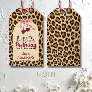 Étiquettes-cadeau Leopard Cherry Pink Bow Birthday Cute & Glam Party
