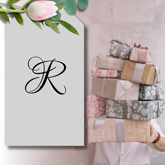 Étiquettes-cadeau LETTRE INITIALE Calligraphie 3D Noire | Pastel Gre