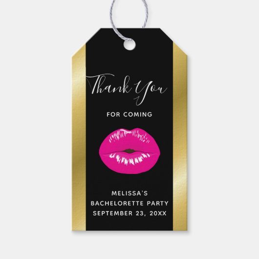 Étiquettes-cadeau Lèvres brillantes rose chaud sur noir (Devant)