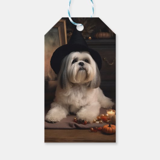 Étiquettes-cadeau Lhasa Apso Citrouille Halloween effrayant (Devant)