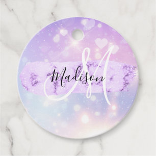 Étiquettes Cadeau Licorne Arc-en-ciel Cœurs Monogramme Pailleté Fémi