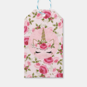 Étiquettes-cadeau Licorne Or Fleurs Roses Fête d'Anniversaire