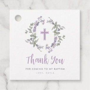 Étiquettes Cadeau Lilac Fleur sauvage Wreath & Cross Baptism Merci