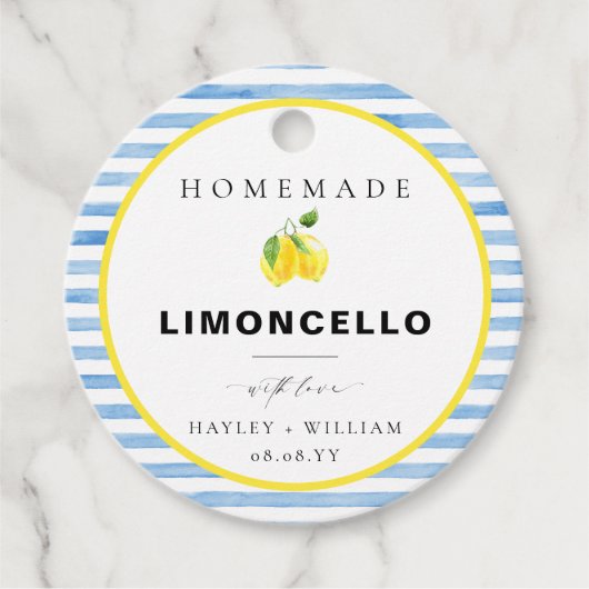 Étiquettes Cadeau Limoncello à rayures aquarelles bleues (Devant)