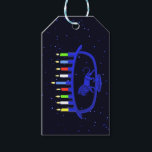 Étiquettes-cadeau Lion bleu Menorah<br><div class="desc">Pour votre parti Chanukkah. Il présente une menorah Chanukkah sur le thème du lion,  superposée à un arrière - plan étoilé,  avec les huit bougies et le shamash brûler. Chanukkah est le "Festival des lumières" du milieu de l'hiver.</div>