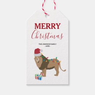 Étiquettes-cadeau Lion de Noël animal drôle avec chapeau de Père Noë
