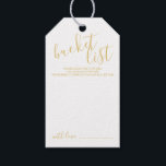 Étiquettes-cadeau Liste Mariage de saut de script moderne Gold Tags<br><div class="desc">Ajoutez une touche personnelle à votre mariage avec une carte de liste de codes de mariage de script moderne. Cette carte comporte le titre "liste de seaux" en or style de police script moderne et détails en or style de police sans serif moderne sur arrière - plan blanc. Remarque :...</div>