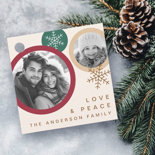 Étiquettes Cadeau Love peace snowflakes red green photo holiday