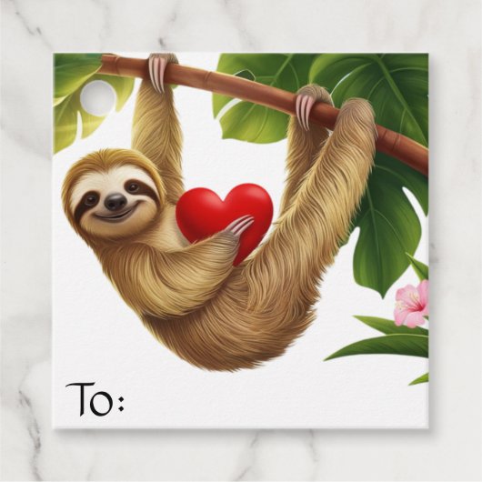 Étiquettes Cadeau Love Sloth Holding Heart Hanging in Tree Valentine (Devant)