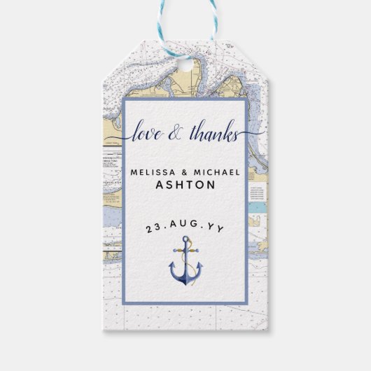 Étiquettes-cadeau Love & Thanks Nautical Chart Ancre Mariage d'événe (Devant)