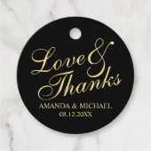 Étiquettes Cadeau 'Love & Thanks' Noir & Or Mariage élégant (Devant)