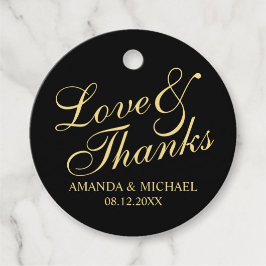 Étiquettes Cadeau 'Love & Thanks' Noir & Or Mariage élégant (Devant)