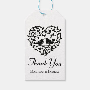 Étiquettes-cadeau Lovebirds Merci Coeur Floral Noir Et Blanc