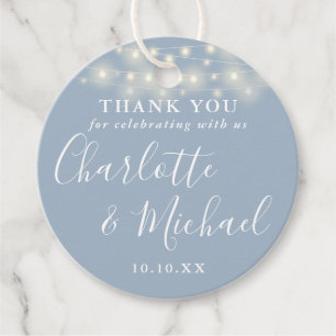 Étiquettes Cadeau Lumières de Chaîne de Script Bleu Poussiéreux Merc