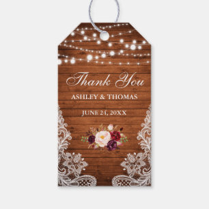 Étiquettes-cadeau Lumières en bois Mariage rustique Lace Merci Flora