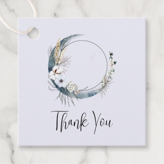 Étiquettes Cadeau Lune Croissant Bleu avec Merci Fleurs Blanches (Devant)