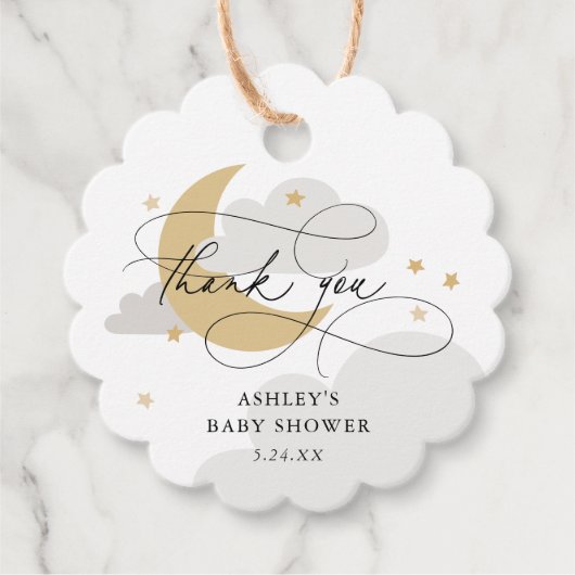 Étiquettes Cadeau Lune et étoiles Gris Script Baby shower Merci (Devant)