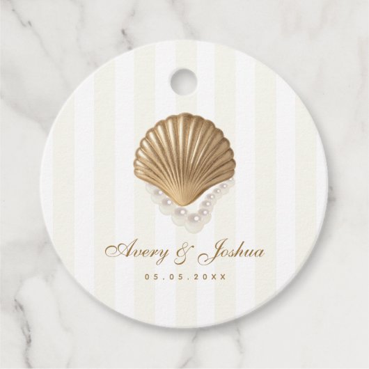 Étiquettes Cadeau Luxueux Mariage côtier Gold Seashell & Pearls (Devant)