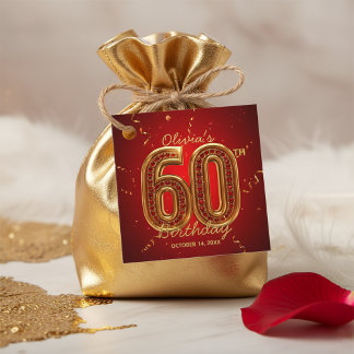 Étiquettes Cadeau Luxury Red & Gold Glitter Ruby Jewel 60th Birthday
