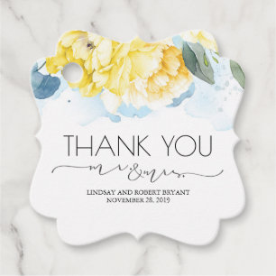 Étiquettes Cadeau M. et Mme Merci floral jaune et bleu