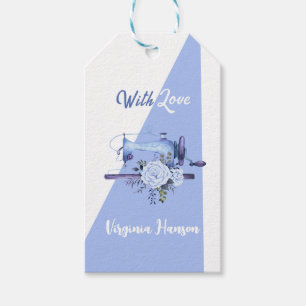 Étiquettes-cadeau Machine à coudre de couturière florale bleue avec