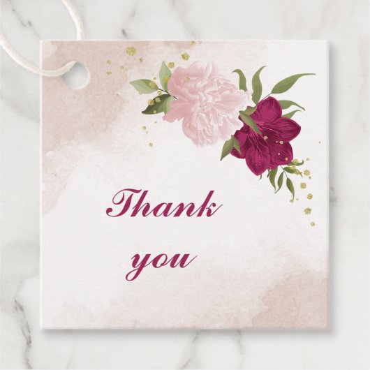 Étiquettes Cadeau magenta fleurs roses verdure mariage (Devant)