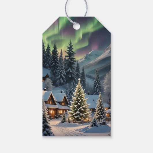 Étiquettes-cadeau Magical Christmas, mountain village, polar lights (Devant)