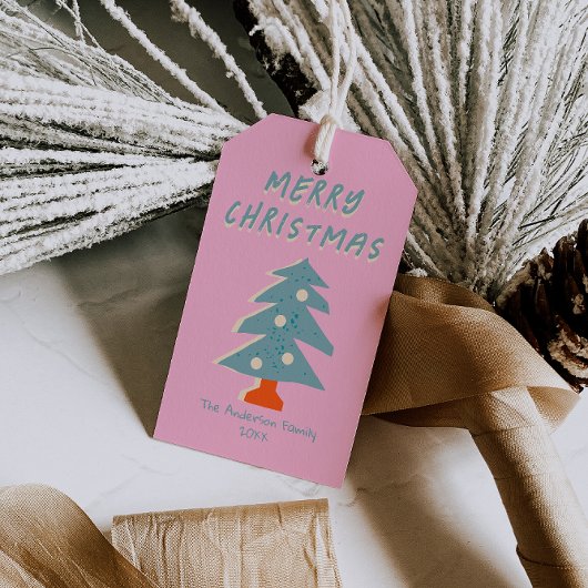Étiquettes-cadeau Main dessinée Bleu Vert sapin de Noël Funky