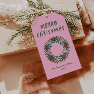 Étiquettes-cadeau Main tirée rose vert de Noël Vaches de couronne