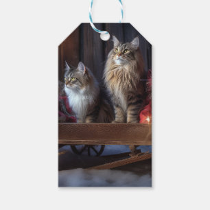 Étiquettes-cadeau Maine Coon enneigé traîneau Noël décoration
