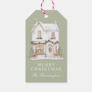 Étiquettes-cadeau Maison de Noël blanche à l'aquarelle personnalisée