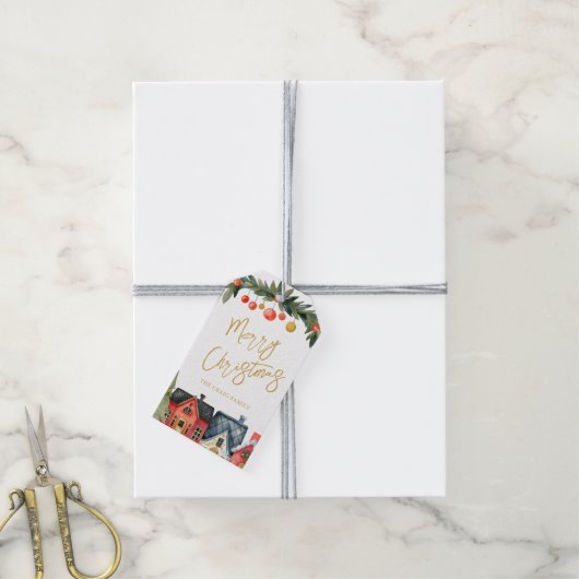 Étiquettes-cadeau Maison de vacances illustrée avec le nom Noël (Avec de la ficelle)