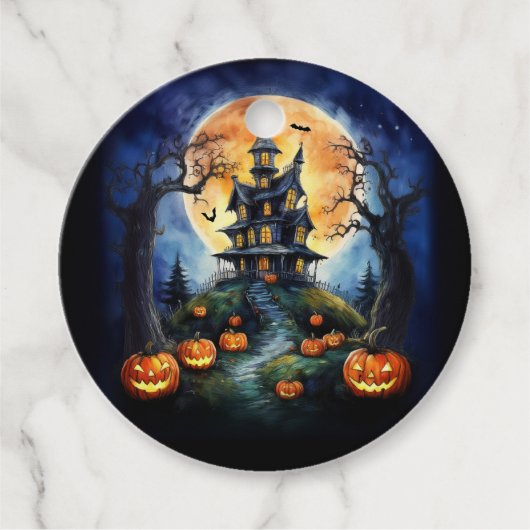 Étiquettes Cadeau Maison hantée d'Halloween avec parti Citrouille (Devant)