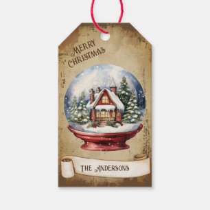 Étiquettes-cadeau Maison Vintage Rétro Dans Le Globe De Neige Joyeux