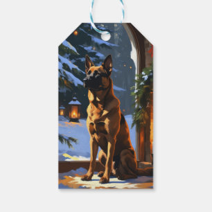 Étiquettes-cadeau Malinois belge avec lumières de Noël vacances