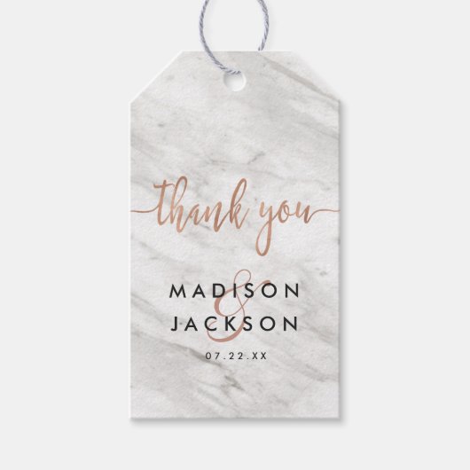 Étiquettes-cadeau Marbre blanc et Rose Mariage or Merci (Devant)