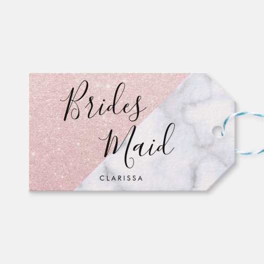 Étiquettes-cadeau Marbre blanc et rose parties scintillant or brides (Devant (Horizontal))