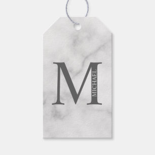 Étiquettes-cadeau Marbre Blanc Monogramme et Nom Personnalisés
