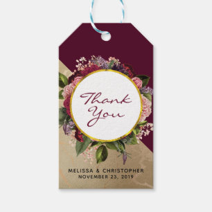 Étiquettes-cadeau Marbre d'or et fleurs de Bourgogne Mariage Merci