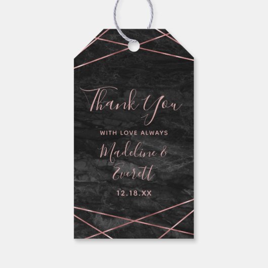 Étiquettes-cadeau Marbre noir Rose Gold Lines Geo Mariage Merci (Dos)