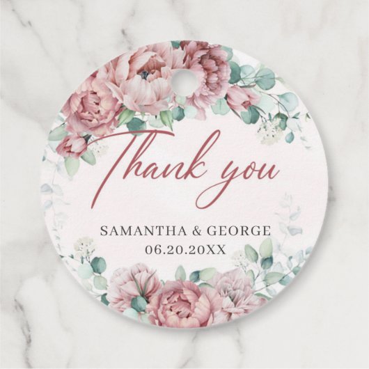 Étiquettes Cadeau Mariage à cadre d'or d'eucalyptus rose (Dos)