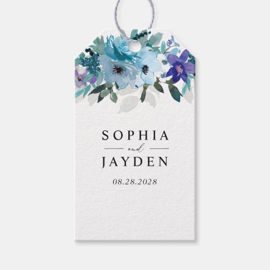 Étiquettes-cadeau Mariage à fleurs bleu pourpre et somptueux (Devant)