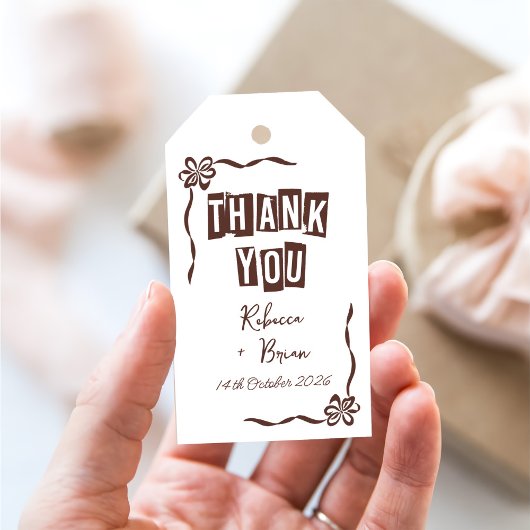 Étiquettes-cadeau Mariage à mâchoires à main Brown et blanche