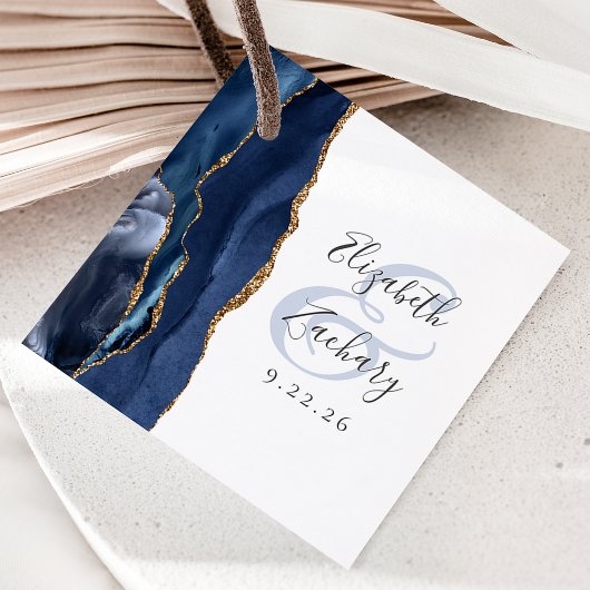Étiquettes Cadeau Mariage Agate Géode Écriture Bleu Nuit Or