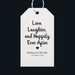 Étiquettes-cadeau mariage 'Amour, rire & Heureux toujours après'<br><div class="desc">Simple mais efficace,  moderne noir et blanc étiquettes de faveur mariage avec la citation douce "Amour,  rire,  et Happily Ever Après",  les noms et la date.</div>